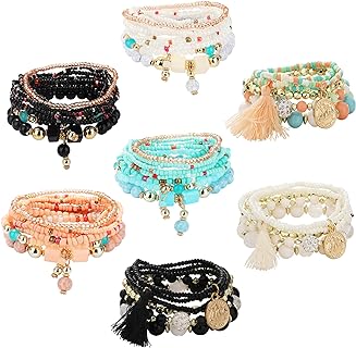 YADOCA Bohemian Cubic Zirconia Stackable Beaded Bracelets for Women - Alloy Bead Chain, Stretch Bracelet Set with Unique Multicolor Pendant Bangles - No Clasp Design for Comfort