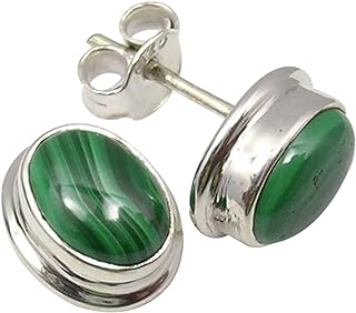 SilverStarJewel 925 Solid Silver Malachite tcw 2.6 Ear Stud Earrings 0.5" 3.1 Grams