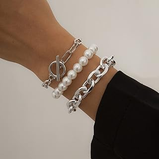 Round Imitation Pearl Bangle Bracelet Chunky Chain Paperclip Bracelets with OT Toggle Clasp for Women and Girls Set of 3