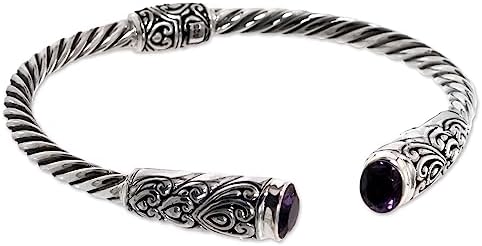 NOVICA Handmade Amethyst Cuff Bracelet .925 Sterling Silver with Amethysts Purple Indonesia Birthstone [6.25 in L (end to End) x 0.4 in W] 'Totem Hearts'