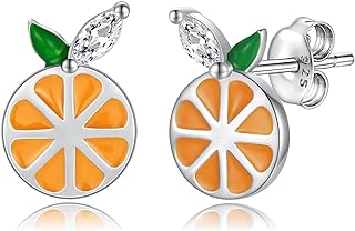 Orange Cubic Zirconia Stud Earrings with Push-Back Design for Women and Teens - 925 Sterling Silver Tangerine Shaped Statement Jewelry