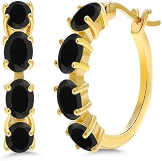 Gem Stone King 18K Yellow Gold Plated Silver Black Onyx Hoop Earrings For Women (3.12 Cttw, Gemstone Birthstone, Oval 6X4MM)