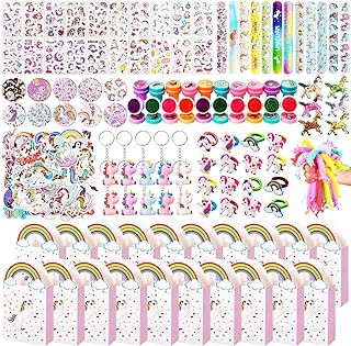 Wettarn 215pcs Unicorn Party Favors with Gift Box for Kids Girls, Unicorn Stretchy String Slap Bracelet Stampers Necklaces Rings Keychains Tattoos Stickers Brooch Maze Party Supplies Goodie Bag Filler