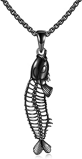 Sterling Silver Black Fish Bones Pendant Necklace Punk Fishing Skeleton Jewelry Gifts for Women Men