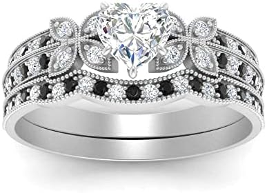 Choose Your Gemstone 925 Sterling Silver Heart Shape Wedding Ring Sets Matching Fashion Wedding Jewelry Easy to Wear Gifts Milgrain Petal Diamond CZ Wedding Ring Set : US Size 4 to 12