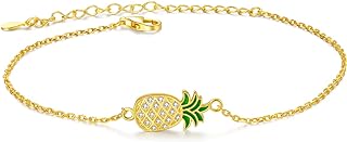 Pineapple Anklet with Cubic Zirconia Accents, Box Chain & Lobster Claw Clasp - 14K Gold Plated Sterling Silver Foot Jewelry for Women - Beach and Summer Design by Orange Forest