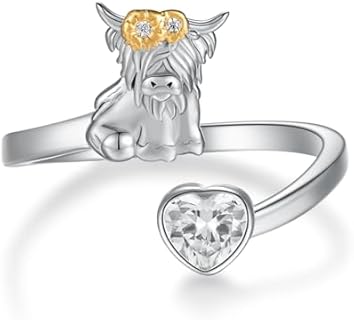 925 Sterling Silver Highland Cow Ring, Adjustable Size, Cubic Zirconia Gem, Ideal Gift for Women - Unique Animal Design