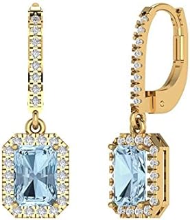 5.8ct Brilliant Emerald Cut Halo Drop Dangle Natural Aquamarine Solid 18k Yellow Gold Earrings Lever Back