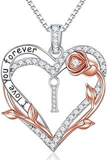 Iefil Rose Heart Necklace for Women, Sterling Silver Initial Letter Pendant Necklace for Women Jewelry Valentines Day Anniversary Birthday Gifts for Women Wife Girlfriend Her