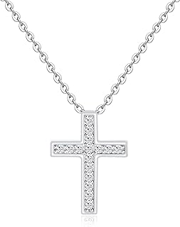 14K White Gold Plated Cable Chain Cross Pendant Necklace Adorned with Cubic Zirconia | Perfect Religious Gift for Women, Teen Girls, Men, and Boys | Adjustable Length