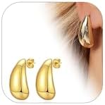18K Gold Plated Teardrop Hoop Earrings with Push Back for Women, Lightweight, Chunky Design