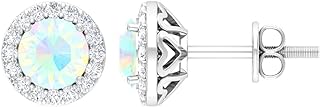 Mother's Day Gifts for Mom, Opal Halo Stud Earrings for Women, 5 MM Natural Opal Earrings with Moissanite in 14K White Gold Plated Silver, Halo Stud Earrings Hypoallergenic for Women