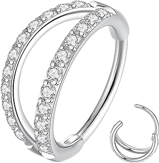 Cubic Zirconia Encrusted Double Hoop Nose Ring in 316L Surgical Stainless Steel for Multifaceted Piercings: Septum, Conch, Tragus