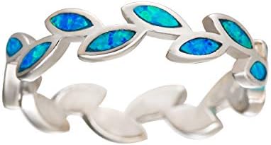 Blue Opal Wedding Ring Stackable Band in Sterling Silver with Maile Leaf Olive Branch for Women