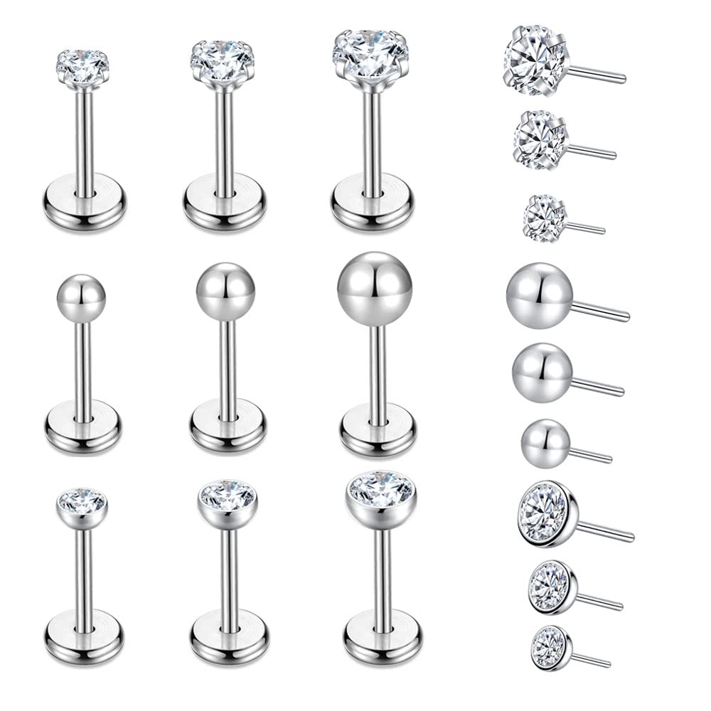9pcs Threadless Push in Nose Rings Studs for Multiple Piercing,316L Surgical Stainless Steel Lip Rings Studs Labret Jewelry Cartilage Tragus Helix Earrings Studs Monroe Medusa Piercing Jewelry for Women Men