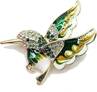 Green Enamel Hummingbird Brooch with Rhinestone Crystals and Pin Clasp for Women and Girls, Symbolic Animal Jewelry Design