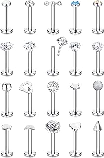 Threadless Stainless Steel Lip Ring Set - Cubic Zirconia Embellished - Unisex Design for Men and Women - Heart, Crystal Ball, Helix, Cartilage Styles - Subiceto 20pcs Piercing Jewelry Collection