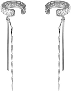 Bar Threader Tassel Cartilage CZ Clip On Cuff Wrap Small Hoop Earrings for Women Teenage Girls Sterling Silver Plated Non Pierced Minimalist Dainty Fashion Fake Crystal Chain Drop Dangle Hanging Tassel Chain Cuffs Jewelry Gifts Bff Birthday