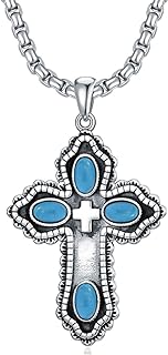Turquoise Cross Pendant Necklace with Cable Chain for Her, Southwestern Design 925 Sterling Silver Religious Jewelry