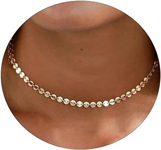 MOLEVY Dainty Gold Necklace for Women 14K Gold Plated Choker Necklaces Silver Necklace Simple Chain Necklaces Satellite Circle Beaded Disc Coin Necklace Trendy Jewelry Gift for Girls