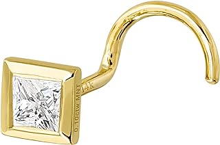 Jewelry Avalanche Solid 14Kt Gold Bezel Set princess Cut Moissanite Nose Stud - 22G Nose Screw Stud - Cork Screw Nose Ring - April Birthstone Nose Ring Stud