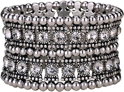 Magnetic Clasp Crystal Beaded Cuff Bracelet with Box Chain for Women - Multi-Layer Design and Stretchable Alloy