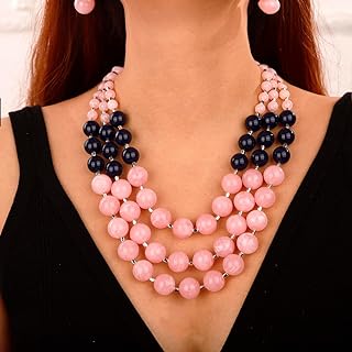 3 Layer Colorful Multi Strand Simulated Pearl Beaded Statement Necklace Collar Bib Choker Necklace and Earrings Set for Women Girls