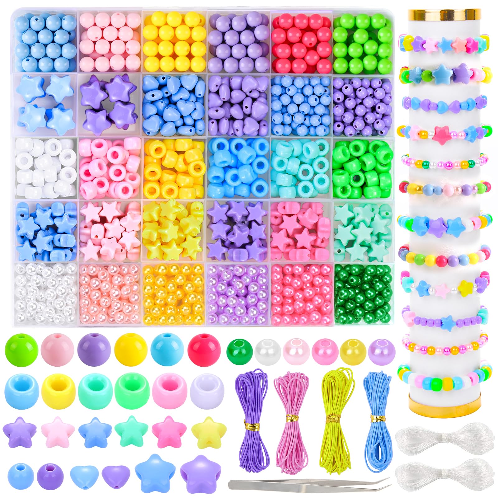 DULEFUN Acrylic Candy-Colored Bracelet Beads Kit in Plastic with Pearl and Star Heart Beads for Kids Bracelet and Jewelry Design