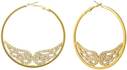 Angel Wings Rhinestone Embellished Hoop Earrings in Gold Plated Zinc - A Charming and Sparkly Gift for Women and Girls