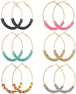 6 Pair Beaded Hoop Earrings Boho Flower Round Earrings Women's Handmade Earrings Set