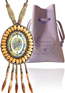 Women's Ethnic Flower Boho Beaded Necklace with Gemstone & Alloy Pendant, Bead Chain, Lobster Clasp, Leather - Versatile African Tribal Fashion Jewelry Gift