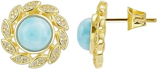 Larimar Stone Stud Earrings for Women, Gold Plated Brass