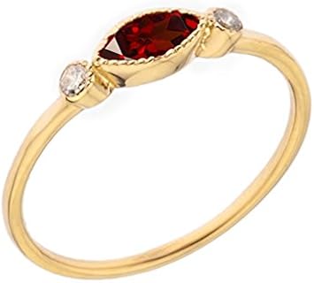 10K Yellow Gold, Marquise Cut Red Garnet & White Topaz Three Stone Bezel Set Milgrain Stackable Birthstone Engagement Ring - Size 5-1/2
