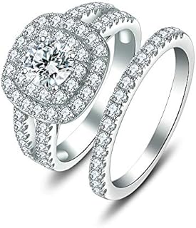 Silver Accented Bridal Ring Band Set Round Double Halo Engagement Ring Anniversary Wedding Infinity Love