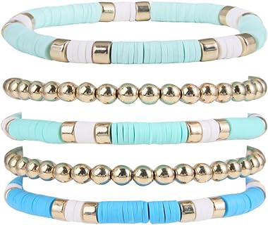 No-Clasp Polycarbonate Bead Chain Soft Pottery 5PC Surfer Heishi Bracelet Set for Women and Girls, Bohemian Vintage Stackable Design