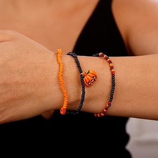 Colorful Halloween Themed Beaded Bracelets Set with Spring Ring Clasp and Bead Chain - Enchanting Pumpkin, Spider Web & Bat Design for Women & Girls