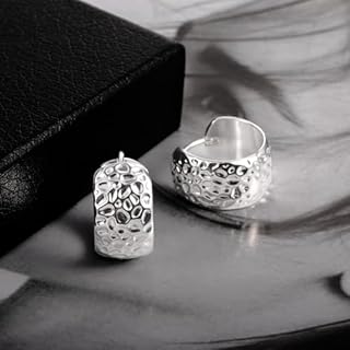 Sterling Silver Hammered Small Chunky Hoop Earrings for Women Hypoallergenic Texture Thick Hoop Earrings Wide Hoop Earrings