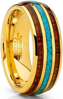 Black Tungsten Carbide Koa Wood & Crushed Turquoise Inlay Men's Comfort Fit Wedding Band Engagement Ring 8MM