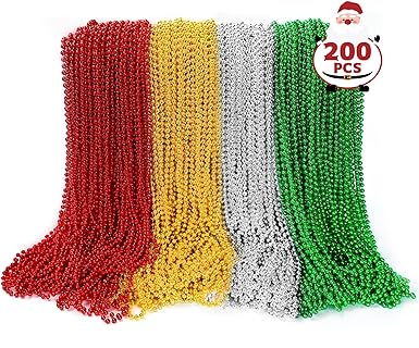 200PCS Mardi Gras Beads Decorations, Christmas Necklace Bulk 4 Kinds of Bead Necklace Accessories, Red Green Gold 33", Decorations for Xmas Mardi Gras Ugly Sweater Party Favors
