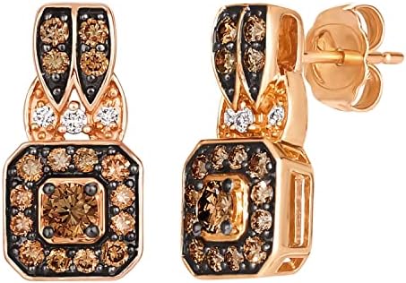 LE VIAN Women's Drop Earrings: 14K Rose Gold, 3/4 Carat White and Brown Square Diamond, Luxurious Dangle Design with Secure Push Backs