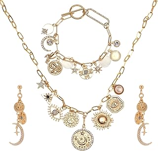 Vintage Brass Pendant Necklace Set for Women with Lobster Clasp & Glass Stones - Includes Charm Bracelet & Moon Earrings