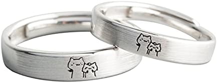 Catbird Silver Cat Couple Rings, Adjustable Alloy Anniversary Rings for Lovers, Unique Kitty Design