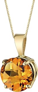 Spring Ring Clasp 14K Yellow Gold Citrine Pendant Necklace for Women, Round Shaped Solitaire Design, 1.75 Carats
