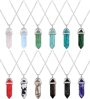 EBOOT womens 12 Pieces Hexagonal Chakra Crystal Bullet Shape Gemstone Pendant Necklaces Pointed Quartz Stone Chain Necklaces Artificial Stone with Storage Bag (Soft Color Set)