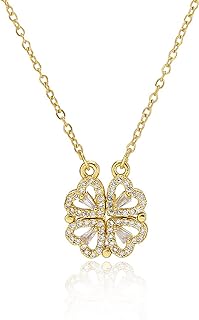 Women's Four Leaf Clover Pendant Necklace, 14K Gold Plated with Crisscross Chain & Lobster Clasp, Embellished with Cubic Zirconia in Unique Heart-shaped Design