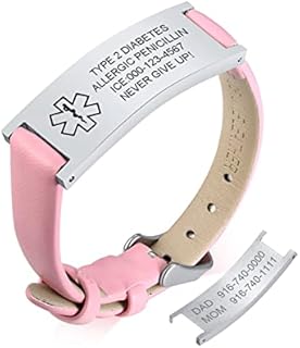 MPRAINBOW Custom Medical Alert Bracelet for Women-Genuine Leather Watch Band Double Side Engraving Diabetes Epilepsy Emergency ID Jewelry