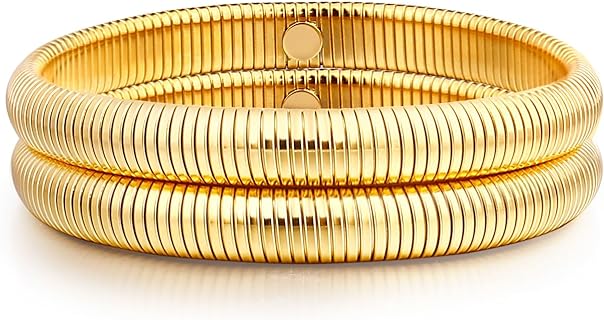 Gold Multi-Layer Stainless Steel Bangle for Women with Snaky Chain and Lobster Claw Clasp, Elegant Flexible Wide Wristband Design