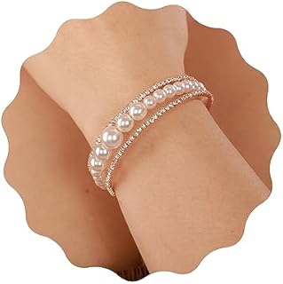 YERTTER Elegant Multi Row Crystal Pearl Cuff Rhinestone Bridals Crystal Stunning Bangle Bracelet Layered Cuff Bracelet Gift for Women Brides