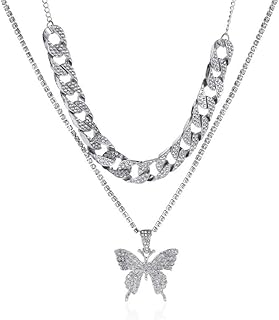 Women's Crystal Layered Butterfly Choker Necklace with Cable Chain by BSLVWG - Silver Diamond Row Fashion Accessory for Party Prom & Daily Wear