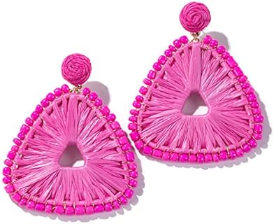 Glamorous Yellow Gold-Plated Brass Beaded Drop Earrings for Women - Trendy Boho Geometric Triangle Design with French Wire Back Finding - Raffia Dangle Earrings No Gemstone